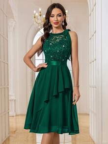 MIUSOL Đầm dạ hội cổ yếm phối ren hoa đính sequin, thích hợp cho sinh nhật, dự đám cưới, dạ tiệc và các dịp khác, kiểu dáng thanh lịch mùa hè. - Màu xanh lá cây đậm - Xem 6