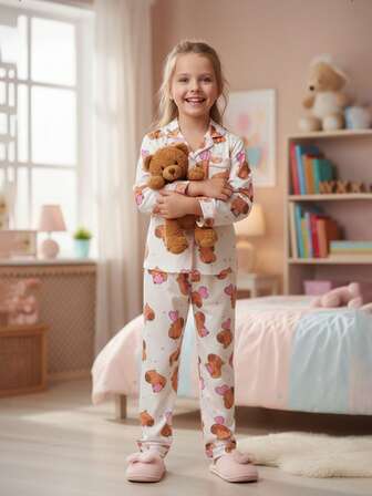 Girls Adorable Teddy Bear Print Pajama Homewear Set For Bedtime & Indoor Activities | 8–12Y