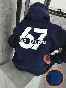 男童“67 SIX SEVEN”字母数字图案保暖套头卫衣，秋冬季保暖舒适，适合活泼男孩的休闲街头风格。 - 藏蓝色 - 查看 4