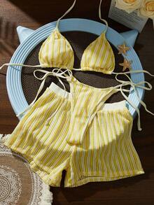 3pcs Women's Elegant Bikini Set, Contrast Color Hollow Mesh Fabric With Shorts, Suitable For Beach Vacation And Pool Party Summer - Yellow - View 3