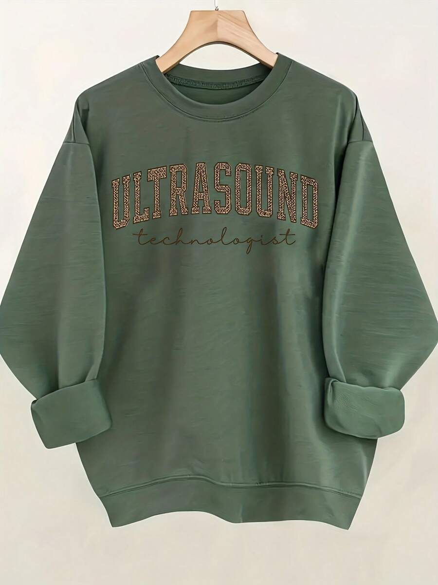 Women'S Ultrasound Technologist Text Hoodie - Soft Round-Neck Pullover Sweatshirt With Slogan Print, All-Season Comfort, Casual Workwear For Sonography Professionals, Long Sleeve Round-Neck Design, Ideal Gift For Ultrasound Techs, Hospital Attiregifts For Mom-Free Shipping - 淺綠色 - 查看 1