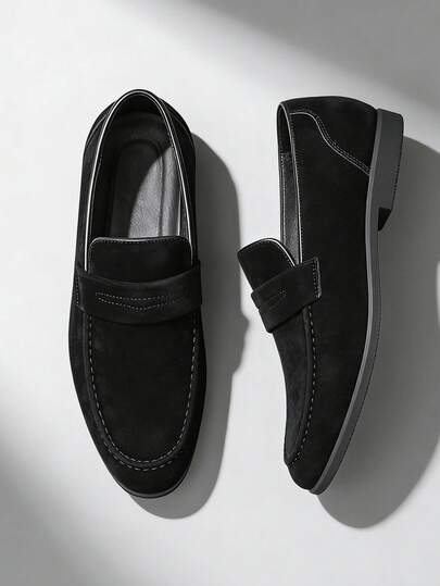 1 Pair Men's Slip-On Penny Loafers, Suede Soft Comfortable Breathable Lightweight Moccasin, Elegant Gentlemen's Social Leather Shoes, Affordable Designer Style, Plain Business Dress Shoes For Men, Suitable For Daily Office, Party, Wedding, Couple's Date, Romantic Dinner, Festive Gift, Casual, Back To School, Students, Preppy Daily Commuting, Walking