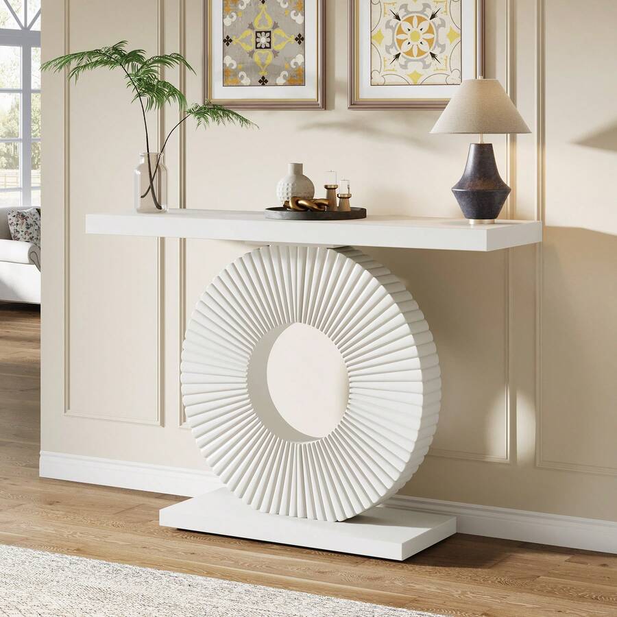 LITTLE TREE Modern Console And Coffee Table – 99 Cm High, Geometric Solid Wood Base, Slim Accent Piece For Living Room And Hallway (White) - 白色 - 查看 1