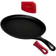 Cuisinel - Plancha redonda de hierro fundido, sartén para crepe de 10.5 pulgadas + cubierta de mango de silicona, Comal presazonada para tortillas - Sartén plana Dosa Tawa Roti Grill - horno, estufa,(10.5" Round Griddle + Holder parrilla redonda) - Multicolor - Ver 2