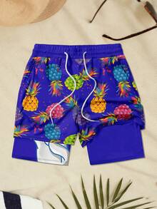 Pantalones cortos de playa de doble capa suaves con cintura elástica y cordón, con estampado de patrones coloridos para hombres - azul real - Ver 2