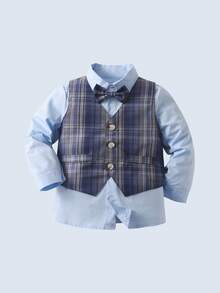 BOARNSEORL 3pcs Young Boys Gentleman Outfit - Blue Long Sleeve Shirt With Bow Tie, Light Purple Vest And Light Purple Pants, Fashionable, Elegant, Suitable For Birthday Party, Wedding, Ceremony, Daily Wear - Mauve Purple - View 5