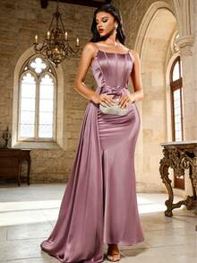 UNITHORSE Vestido elegante con tirantes finos y espalda descubierta, con diseño de pliegues y volantes en la parte delantera con diseño de espina de pescado, adecuado para vestido de noche - Rosa Oxidada - Ver 1