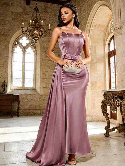 UNITHORSE Vestido elegante con tirantes finos y espalda descubierta, con diseño de pliegues y volantes en la parte delantera con diseño de espina de pescado, adecuado para vestido de noche