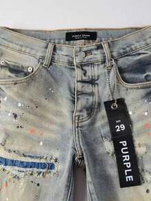 Purple New Men Light Wash Creative Print Jeans Stretch Slim Fit Skinny Small Straight Leg Denim Pants Brand - Màu xanh lam - Xem 5