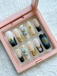 10 piezas Uñas postizas hechas a mano con forma cuadrada, uñas de moda multicolor, flores talladas en 3D, pintadas con líneas doradas y estrellas hexagonales, decoradas con cuentas doradas, conjunto de arte reutilizable y desmontable, adecuado para uso diario por mujeres y niñas, como regalo de moda para el trabajo, festivales, viajes, con pegamento de gelatina y lima de uñas