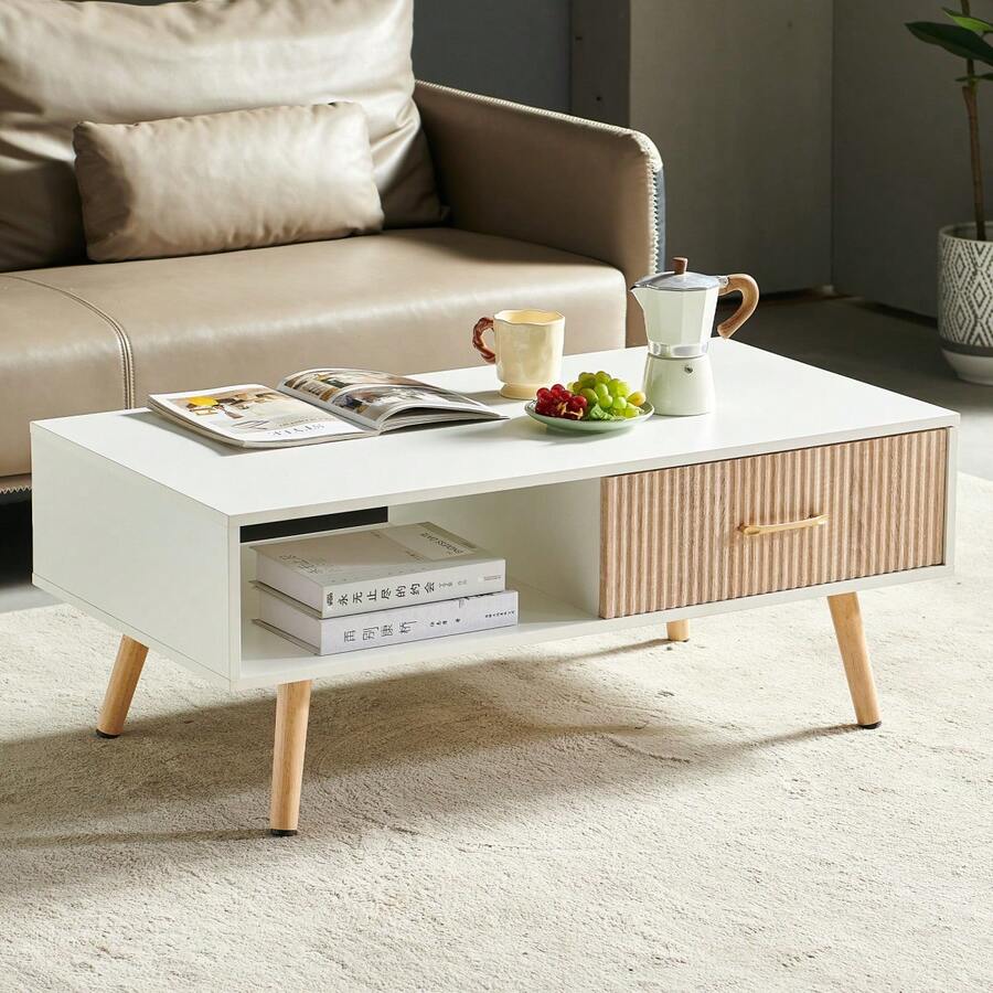 Rectangle Coffee Table / Modern Coffee Table For Living Room / With Solid Wood Legs / Sliding Drawer For Storage / Suitable For Bedrooms, Rooms, And Small Spaces - 白色 - 查看 1