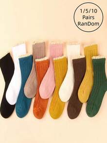 1/5/10 Pairs Women Socks, Random Assorted Solid Color Vertical Stripe Lace Mid-Calf Socks, Versatile Japanese Style, Autumn/Winter