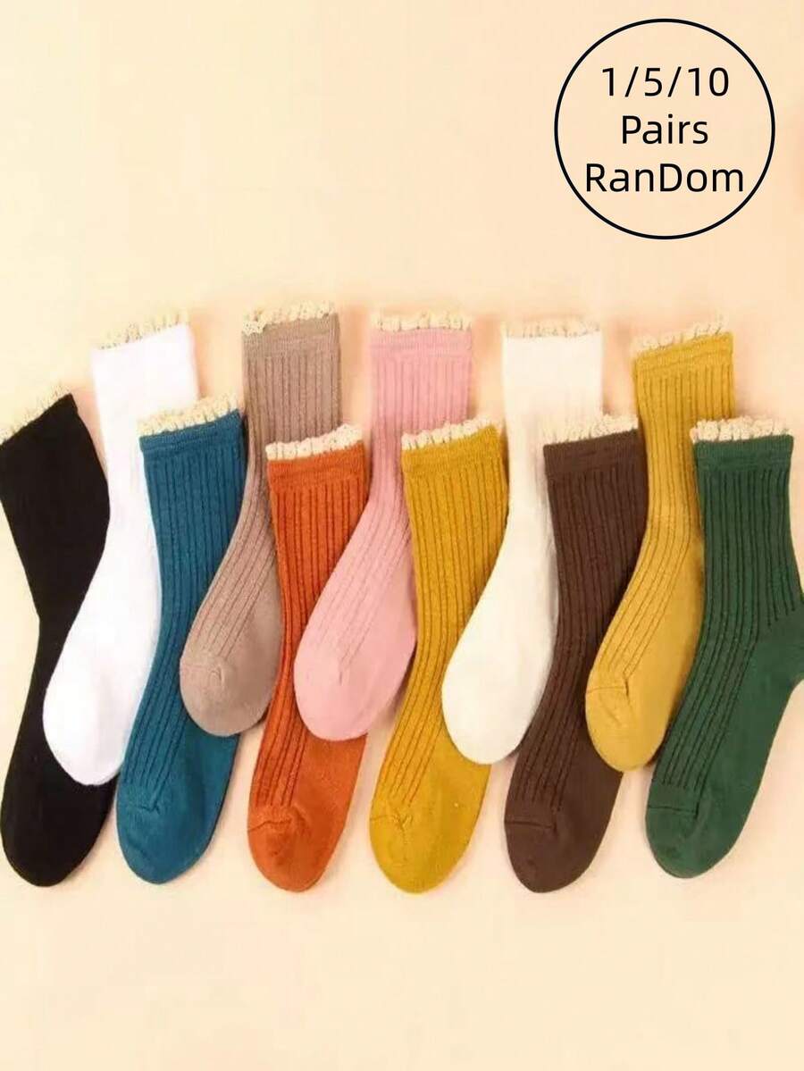1/5/10 Pairs Women Socks, Random Assorted Solid Color Vertical Stripe Lace Mid-Calf Socks, Versatile Japanese Style, Autumn/Winter
