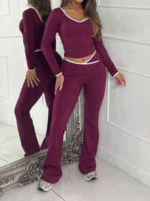 Vaiaye Women's Valentine's Day Carnival Y2k Women's Two Pieces Casual Sports Yoga Body Shaping Long Sleeve Red Top With Open Umbili And Micro Pull Hip Lifting Pants Set - Burgundy - View 9