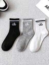 3 זוגות גרבי ספורט בצבע אחיד לנשים, גרבי יוגה עד אמצע השוק, סגנון מינימליסטי קז'ואל, נוח ורך, עיצוב זוגי יוניסקס, מתאים לכל עונות השנה