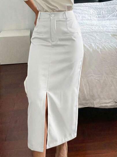 MODA MO, REF: H942 Saia Feminina, Com Bolso Falso, Fenda, Saia Midi, Elegante, Look Sofisticado, Confortável, Perfeita para Diversas Ocasiões, Ideal para o Dia dos Namorados, Estilo Contemporâneo, Fashion e Feminina