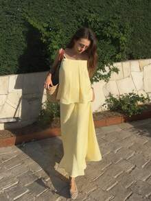 女士两件套荷叶边套装，包含短款雪纺吊带背心和不对称长裙，法式浪漫风格，修身剪裁，适合夏季度假、约会、休闲外出和派对穿着。 - 黃色 - 查看 3