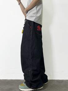 1件 Justice Brother 个性化印花撞色缝线舒适休闲男士宽松直筒牛仔裤，四季皆宜（不含腰带/配饰） - 黑色 - 查看 5