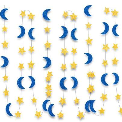 3m/4m Decoraciones colgantes de estrella y luna de Ramadán, guirnalda de papel para fiesta de Eid con adornos de luna y estrella (Ligera diferencia de color debido a la iluminación de la fotografía)