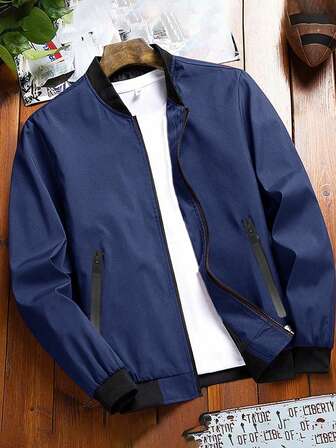 男士舒适翻领夹克 - 柔软纯色，拉链闭合，长袖，商务风格，适合户外活动的休闲穿着，百搭透气