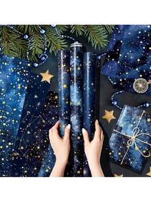 6/12pcs Set, Premium Blue Starry Sky Gift Wrapping Paper | 20-27 Inches, Gold Star & Constellation Pattern, Suitable For Birthday, Ramadan Festivals, Ramadan, Graduation Ceremony, Party Decoration - Multicolor - View 3