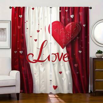 2 piezas/Set Cortina de Día de San Valentín con diseño de corazón romántico, patchwork rojo y blanco con patrón de corazón brillante, estilo de bolsillo para barra, impresión digital, adecuado para sala de estar, dormitorio, estudio, decoración navideña, estilo nórdico y de lujo, material de poliéster