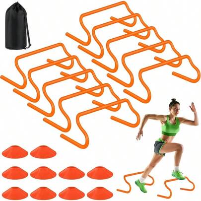 Agility Hurdles Training Equipment - 10 Speed Hurdles And 10 Soccer Cones With Carrying Bag For Soccer, Football, And Track Drills, Ideal For Athletes Speed And Agility Training