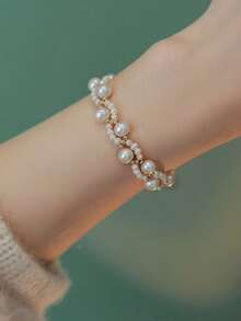 1pc Elegant Faux Pearl Beaded Bracelet For Women, Fashion High-Quality Faux Pearl Bracelet, Handmade DIY Minimalist Stylish Beaded Bracelet, Suitable As Gift For Thanksgiving, Christmas, Teacher's Day, Valentine's Day - White - View 5