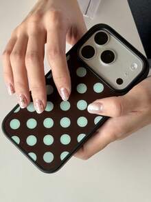 适用于 12/13/14/15/16/17 Pro Max/14/15/16 Plus/17 Air/17 Pro/11 的可爱简约黑色波点手机壳,时尚撞色设计,防震黑色边框,是送给朋友或女性的理想礼物 - 棕底綠波點 - 查看 3