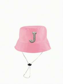 1顶儿童26字母印花遮阳帽，带可调节防风绳，休闲风格婴儿渔夫帽，适合户外、海滩、防晒 - 粉紅色2 - 查看 9