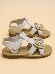 2026 米色复古甜美女童凉鞋，米色柔软PU材质+格子蝴蝶结，浅棕色软底，防滑可调节搭扣，定义女童轻复古艺术风平底凉鞋！ - 杏色 - 查看 7