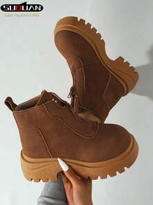 2026 Spring & Autumn New Women's Platform Boots, Front-Zipper Height-Increasing Serrated Sole, British-Style Ankle Boots, Versatile, Slimming & Elevating Ankle Boots, Autumn & Winter Commuter Shoes - Khaki - View 3