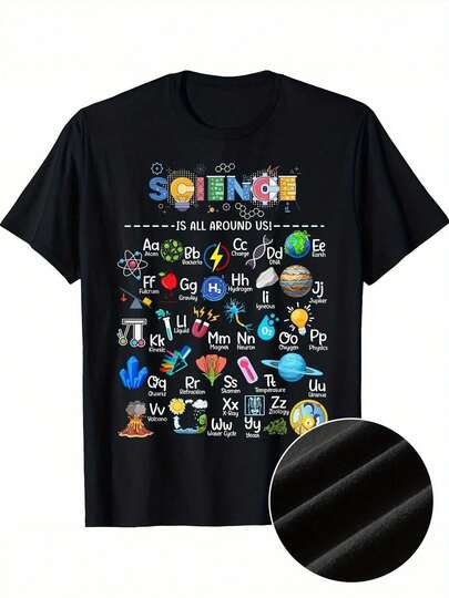Camiseta unisex de algodón negro con impresión 3D de ciencia con elementos, átomos e íconos de laboratorio - Cuello redondo, mangas cortas, ajuste estándar con dobladillo extendido, cómoda para todas las estaciones, tallas S-XXXL - Regalo perfecto para científicos y entusiastas de la ciencia, uso diario, ropa educativa, material duradero, blusa impresa, moda geek, cultura geek, material suave, camiseta gráfica