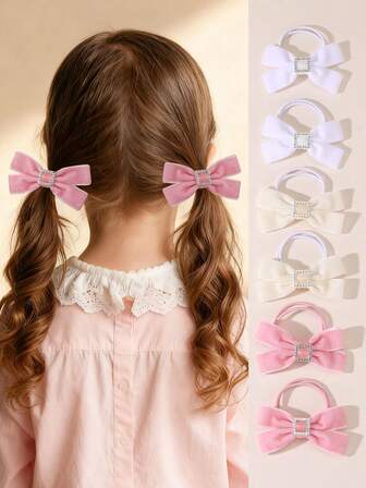 Set de 2/6 elastice de păr pentru fete cu funde din catifea și strasuri, potrivite pentru decorarea zilnică