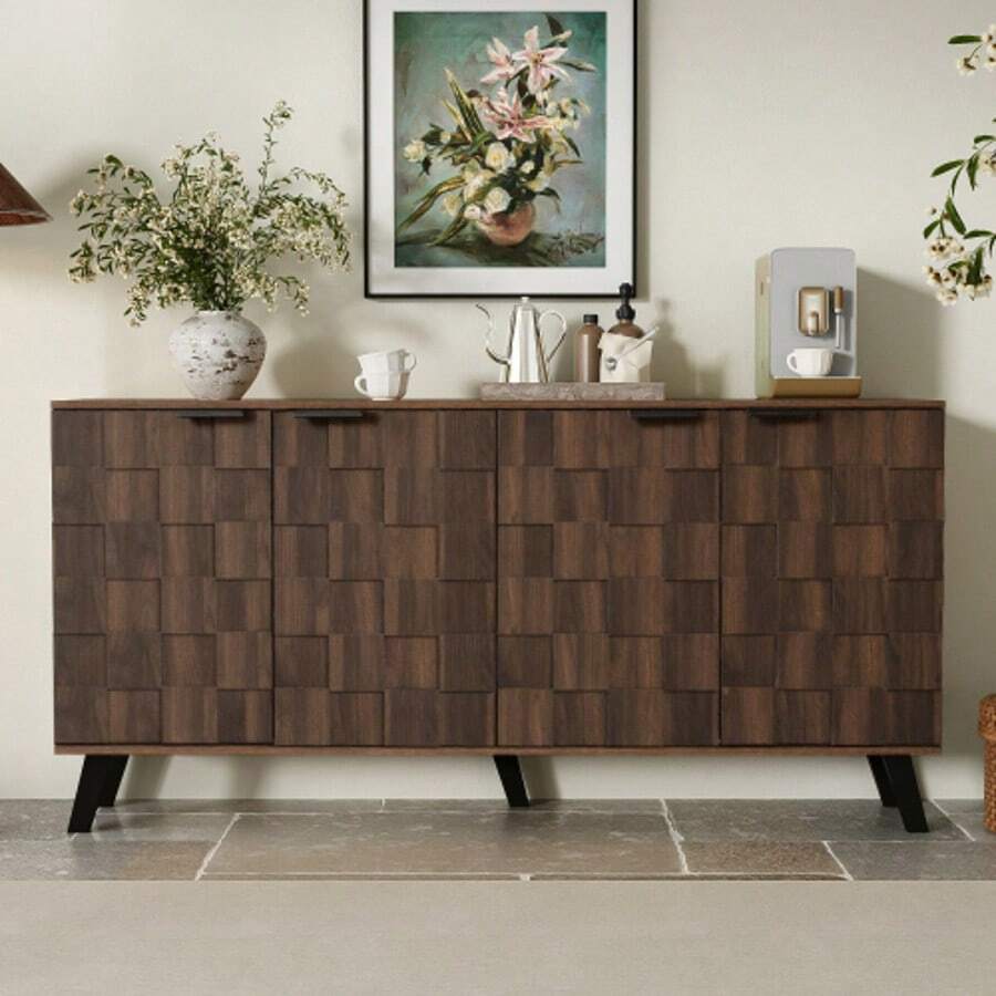 Modern Sideboard With 4 Cups In Dunkler Holzmaserung, 160.5 X 35.5 X 78 Cm – Praktisches Design Für Wohnzimmer, Schlafzimmer Und Esszimmer - Coffee Brown - View 1