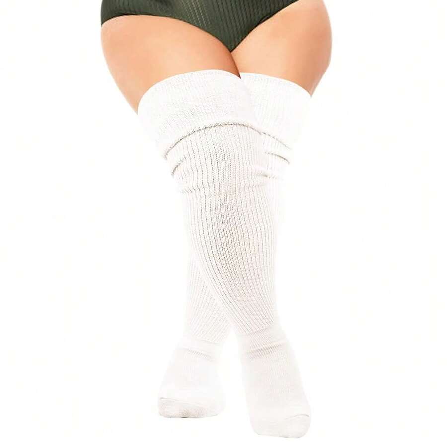 Women Over The Knee Socks - 1PairPlusSizeWithGarterBelt:White - View 1