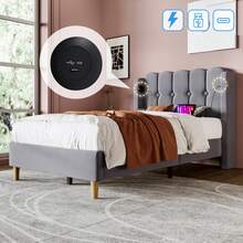 Upholstered Single Bed With USB Type-C Charging Function, Bed Frame With Slatted Base, Upholstered Bed In Grey, 90 X 200 Cm Bed Frame Youth Bed For Bedroom Guest Room - Linen Material - Grey - View 3