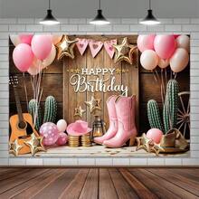 1 pieza Tela de fondo con diseño de tema de vaquero occidental con globos rosas, botas rosas, cactus y sombrero, adecuado para decoración de vacaciones, patio, jardín, sala de estar, fondos de fotografía, decoración de fiestas, duchas nupciales, bodas, aniversarios