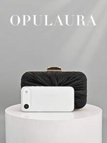 OpulAura 1件装复古优雅缎面手拿包，褶皱扭结设计，时尚晚礼服包，魅力精致的正式派对手提包，奢华盒式小包，适合派对/婚礼/正式场合晚宴，配有链条肩带，可肩背或斜挎 - 黑色 - 查看 4