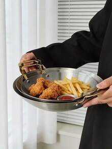 1pc Minimalist Korean Style Stainless Steel Dual-Ear Round Tray, Large Capacity Salad, Western Dish, Fried Chicken, Fries, Burger, Dumpling, Snack, Cake, Bread Serving Plate