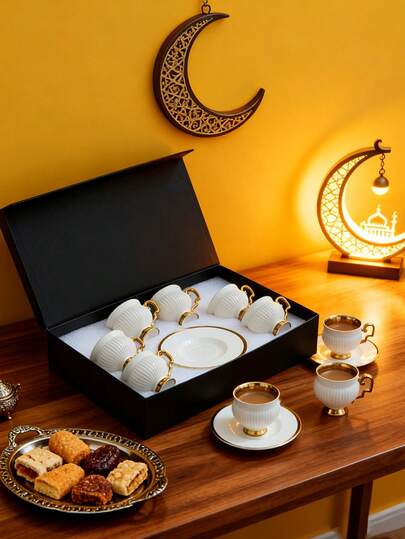 DearDali 6pcs Gold-Rimmed Bone China Coffee Cup & Saucer Set, Espresso, Tea, Latte, High-Quality Ceramic, Elegant Tableware, Suitable For Middle Eastern Ramadan, Festivals, Family Gatherings, Back To School