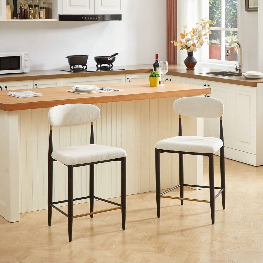 Set Of 2 French Country Style Bar Stools, Upholstered, With Ergonomic Curved Backrest, Contrasting Black And Coffee Frame And Cream Fabric Cushion, For Island/Open Bar. - Beige + Fabric - View 1