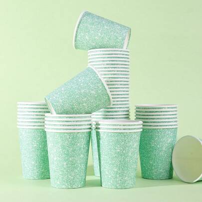10/20/40个装，薄荷绿闪光一次性纸杯，适合迪斯科舞会、女士单身派对 - 9盎司闪亮纸杯，优雅简约一次性纸杯 - 柔和的白色和蓝色，适用于婚礼、生日派对、下午茶活动，可盛装热饮，经软性巴氏杀菌处理，是特殊活动和日常使用的装饰杯，适合少女庆典、婚宴和下午茶派对餐具。