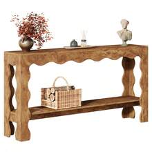 LITTLE TREE Console et table basse de style campagnard – 160 cm, pieds ondulés, bois massif, meuble d'appoint pour entrée, table basse étroite pour salon et couloir (marron clair) - Nude - Voir 11