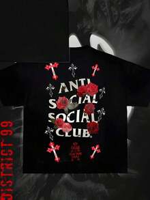 Anti Social Club Graphic Cropped T-Shirt For Boys And Girls Men, Women All Ages Family T-Shirt Letter New Streetwear Clothing Harajuku T-Shirt Cotton Half Sleeve Tee, Y2K Style Casual Cotton Classic Crewneck Design Tee2026 - 黑色 - 查看 4