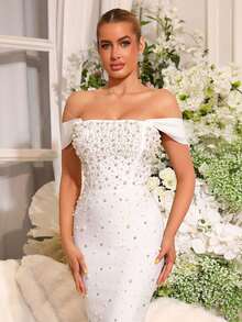 新款黄色性感重工闪亮珍珠钻石露肩绷带长裙优雅女士生日派对婚礼宾客正式晚宴礼服 - 白色 - 查看 2