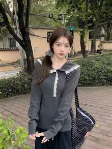 女士蕾丝拼接连帽打底衫，甜美针织套头衫，宽松版型，早春 - 灰色 - 查看 2