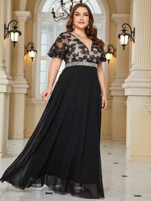UNITHORSE [Random Cut] V-Neck Short Sleeve Cinched Waist Chiffon Evening Dress - Black - View 2