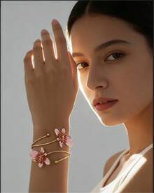 1pc Hollow Minimalist Women Bracelet, Gold Tone Open Arm Cuff With Pink Enamel Flower Detail, Adjustable Upper Arm Bangle For Daily Wear, Summer Beach Outfits, Parties, Vacations And Gift Ideas - Vàng hồng - Xem 9