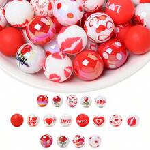 40pcs Valentine's Day Theme Acrylic Beads + Silicone Round Beads Set, Bracelet Necklace Jewelry Making, Red Rose/Red Lip/Heart Polka Dot Printed Round Beads, DIY Valentine's Day Gift Accessories - Multicolor - View 1